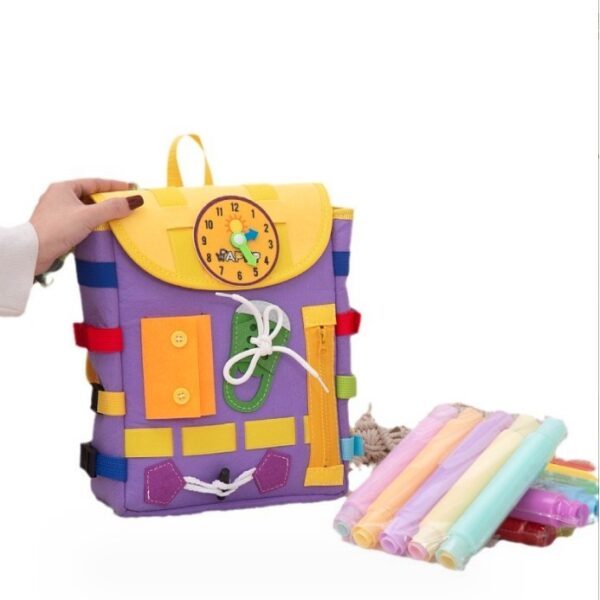 Ghiozdan Montessori, , pentru Copii 2-6 ani, Fidget Pop, cu Catarame si Fermoare, Jucarii Senzoriale, Activitate de Invatare prin Joc, Mov, 0.25 kg, 28x10x23 cm - imagine 4