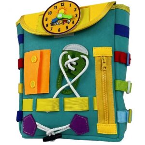 Ghiozdan Montessori, , pentru Copii 2-6 ani, Fidget Pop, cu Catarame si Fermoare, Jucarii Senzoriale, Activitate de Invatare prin Joc, Turcoaz, 0.25 kg, 28x10x23 cm
