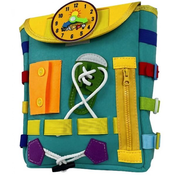 Ghiozdan Montessori, , pentru Copii 2-6 ani, Fidget Pop, cu Catarame si Fermoare, Jucarii Senzoriale, Activitate de Invatare prin Joc, Turcoaz, 0.25 kg, 28x10x23 cm