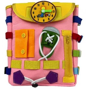 Ghiozdan Montessori, , pentru Copii 2-6 ani, Fidget Pop, cu Catarame si Fermoare, Jucarii Senzoriale, Activitate de Invatare prin Joc, Roz, 0.25 kg, 28x10x23 cm