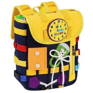 Ghiozdan Montessori, , pentru Copii 2-6 ani, Fidget Pop, cu Catarame si Fermoare, Jucarii Senzoriale, Activitate de Invatare prin Joc, Albastru Marin, 0.25 kg, 28x10x23 cm