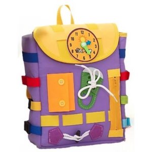Ghiozdan Montessori, , pentru Copii 2-6 ani, Fidget Pop, cu Catarame si Fermoare, Jucarii Senzoriale, Activitate de Invatare prin Joc, Mov, 0.25 kg, 28x10x23 cm