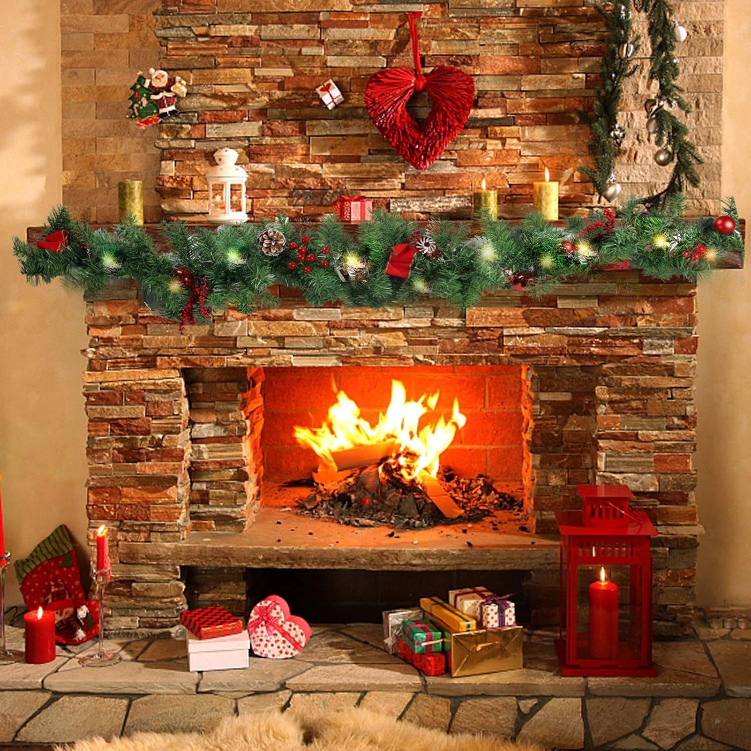Ghirlanda de Craciun, , din Brad Artificial cu Decoratiuni, cu Baterii, 50 LED-uri, 270 cm, Verde - imagine 2