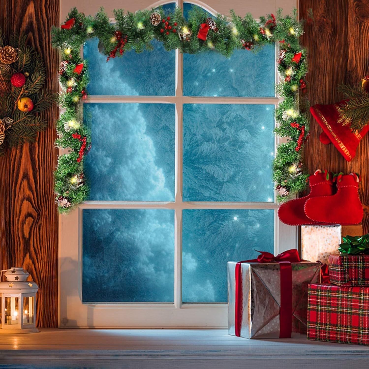Ghirlanda de Craciun, , din Brad Artificial cu Decoratiuni, cu Baterii, 50 LED-uri, 270 cm, Verde - imagine 3