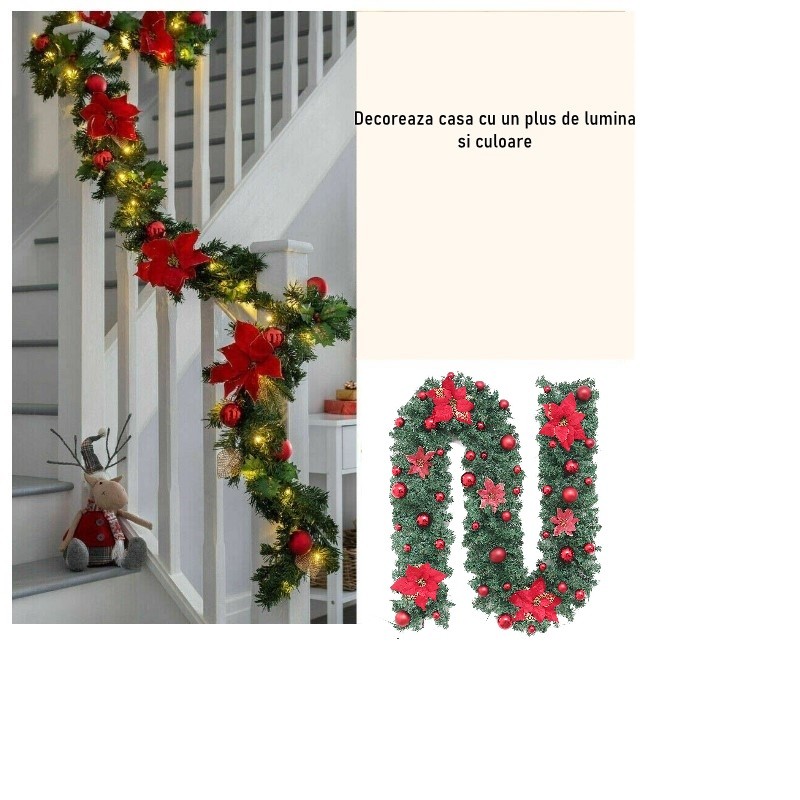 Ghirlanda decorativa Craciun cu Globuri si funde rosii, , 2,70 m, Verde - imagine 3