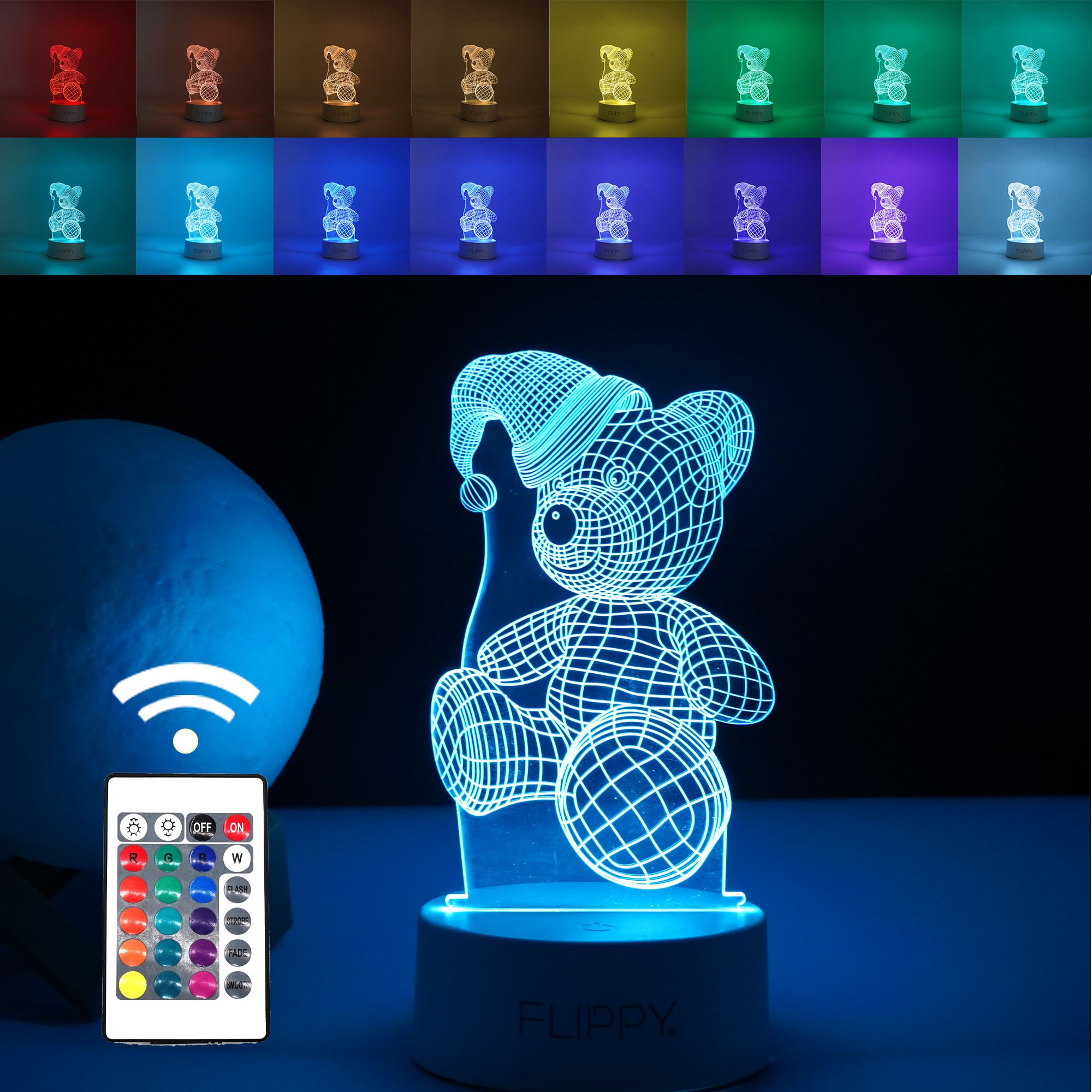 Lampa LED decorativa, , 3D, Urs cu palarie, cu telecomanda, doua moduri de alimentare USB si baterii, 20 cm inaltime, din material acril si lumina multicolora, alb