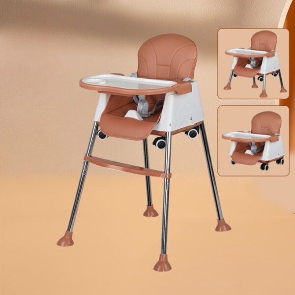 Scaun de Masa Pliabil 3in1, , Reglabil, Multifunctional, 3 Pozitii, Masuta si Husa Detasabile, Roti, Centura de Siguranta, Ajustare Inaltime, Maro - imagine 2