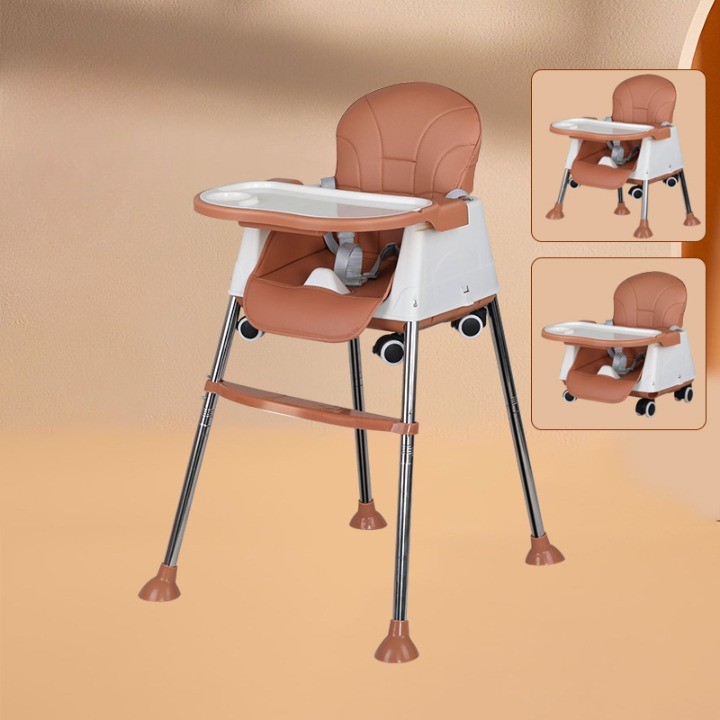 Scaun de Masa Pliabil 3in1, , Reglabil, Multifunctional, 3 Pozitii, Masuta si Husa Detasabile, Roti, Centura de Siguranta, Ajustare Inaltime, Maro - imagine 2