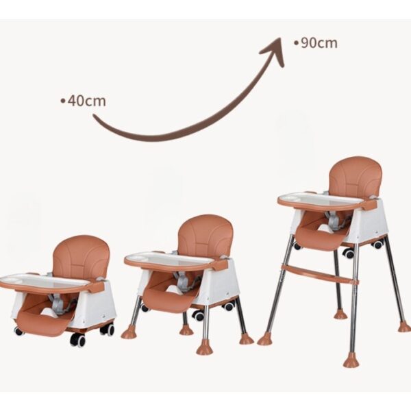 Scaun de Masa Pliabil 3in1, , Reglabil, Multifunctional, 3 Pozitii, Masuta si Husa Detasabile, Roti, Centura de Siguranta, Ajustare Inaltime, Maro - imagine 3