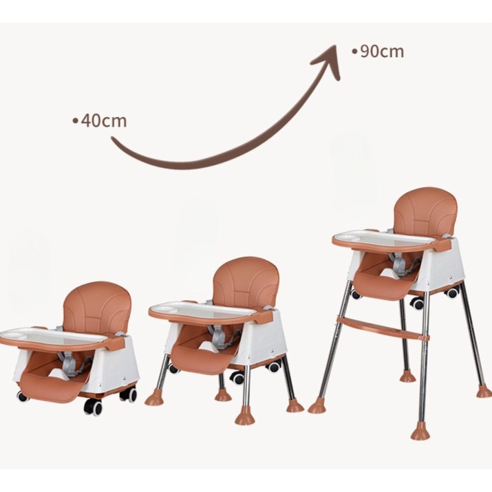 Scaun de Masa Pliabil 3in1, , Reglabil, Multifunctional, 3 Pozitii, Masuta si Husa Detasabile, Roti, Centura de Siguranta, Ajustare Inaltime, Maro - imagine 3