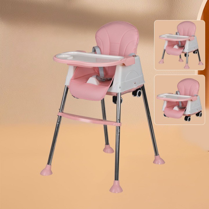 Scaun de Masa Pliabil 3in1, , Reglabil, Multifunctional, 3 Pozitii, Masuta si Husa Detasabile, Roti, Centura de Siguranta, Ajustare Inaltime, Roz - imagine 2