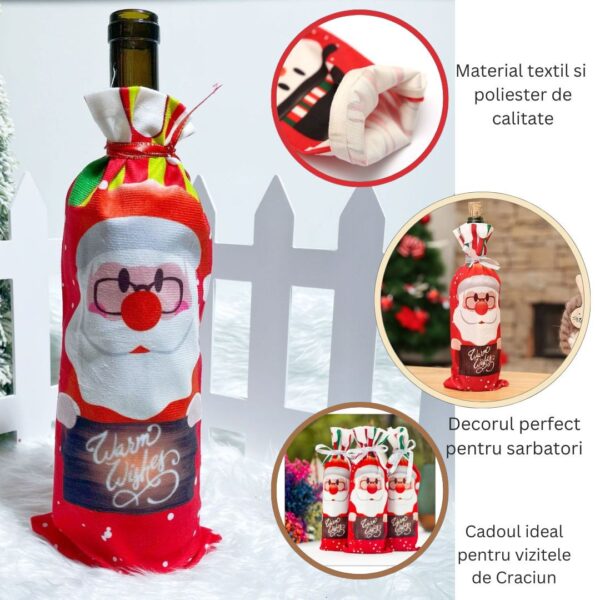 Husa Craciun pentru sticla de vin , tema Mos Craciun, material textil, 34 cm, multicolor - imagine 3