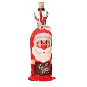 Husa Craciun pentru sticla de vin , tema Mos Craciun, material textil, 34 cm, multicolor