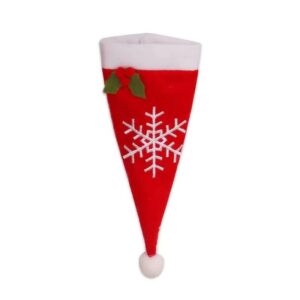 Husa decorativa festiva pentru 3 tacamuri , model caciulita cu fulg, material textil si poliester, 18 x 7 cm, rosu