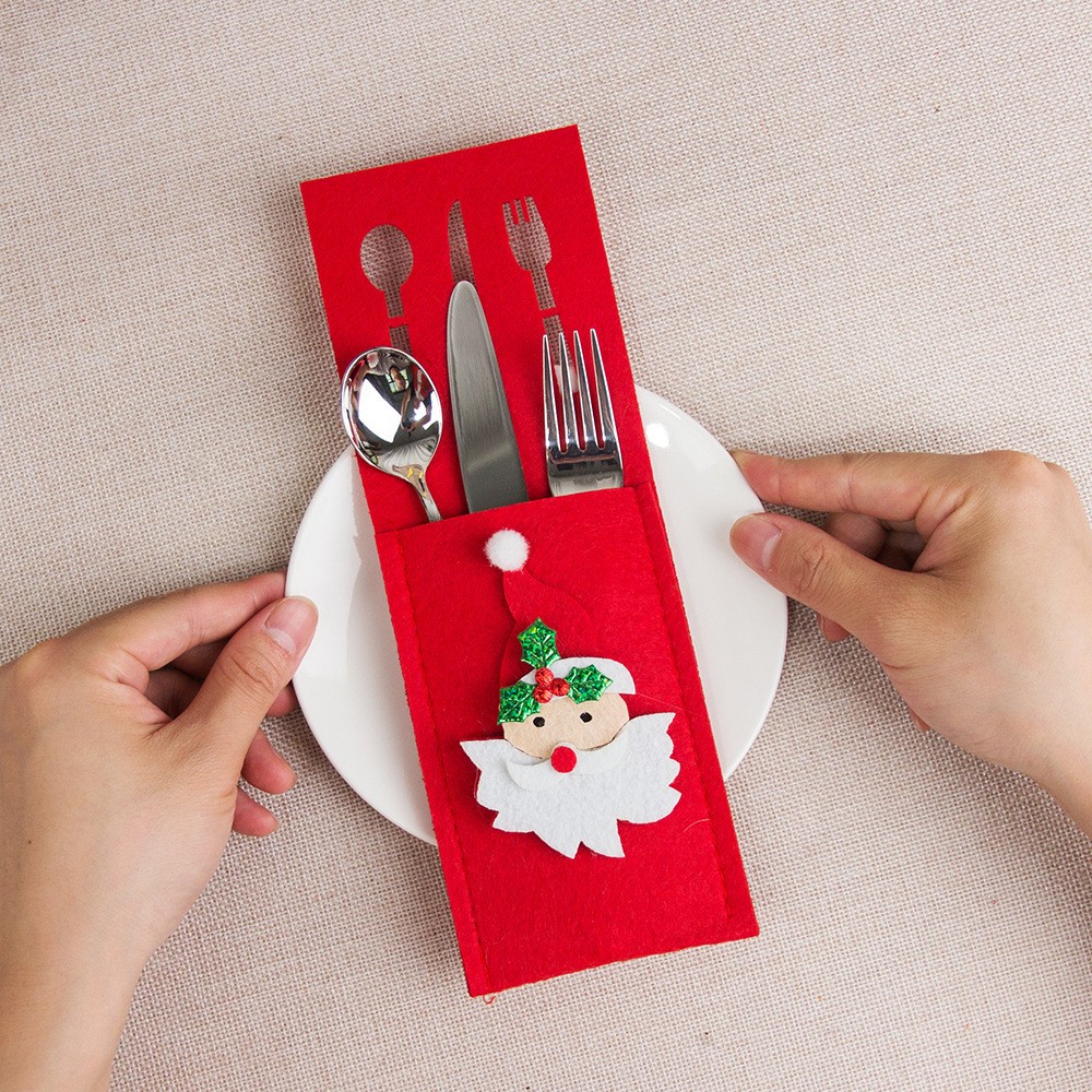 Husa decorativa pentru set tacamuri , model Mos Craciun, material poliester, 25 x 8.5 cm, rosu - imagine 2