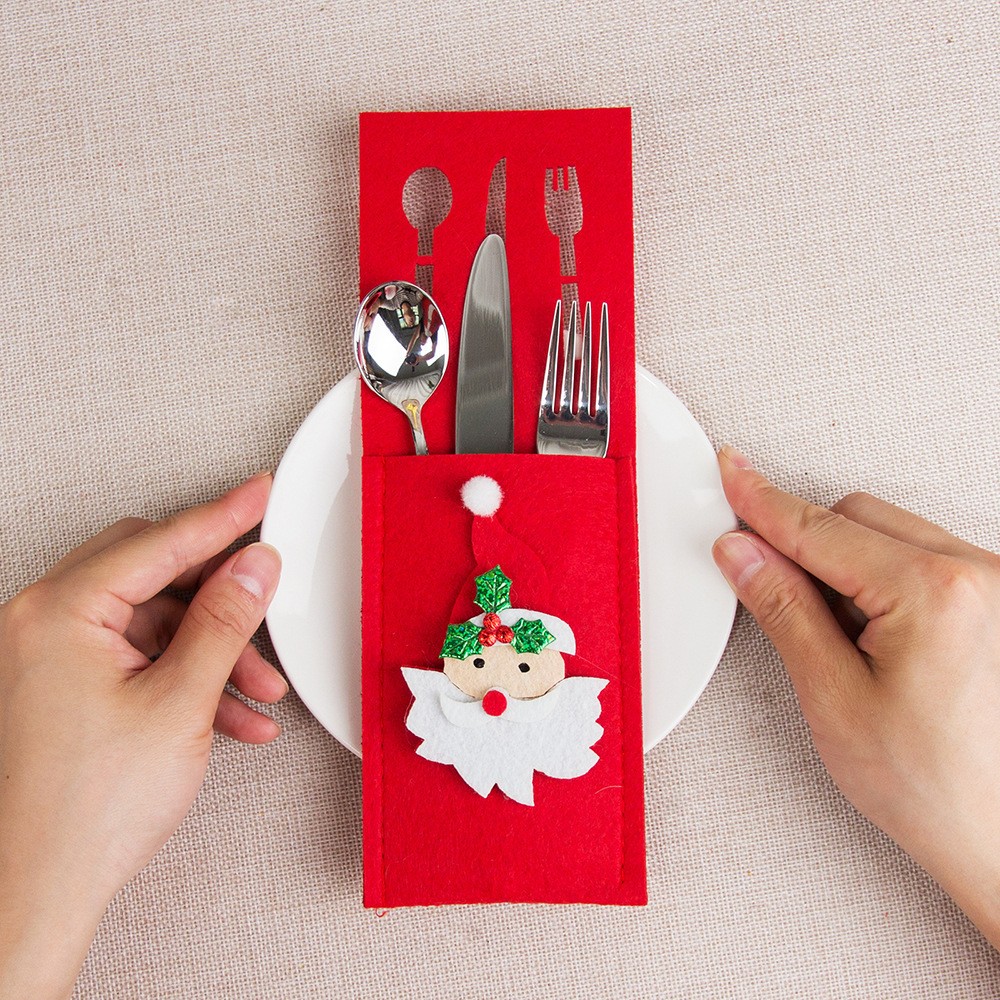 Husa decorativa pentru set tacamuri , model Mos Craciun, material poliester, 25 x 8.5 cm, rosu - imagine 4
