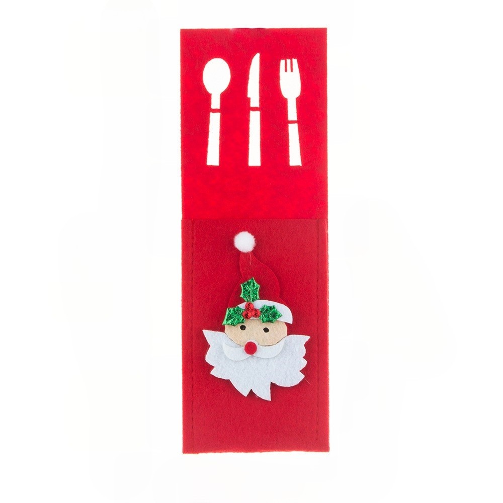 Husa decorativa pentru set tacamuri , model Mos Craciun, material poliester, 25 x 8.5 cm, rosu