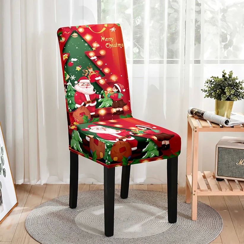 Husa pentru scaun, , Tematica Craciun, Model 2 Mos Craciun si Baietel, Verde/Rosu - imagine 3