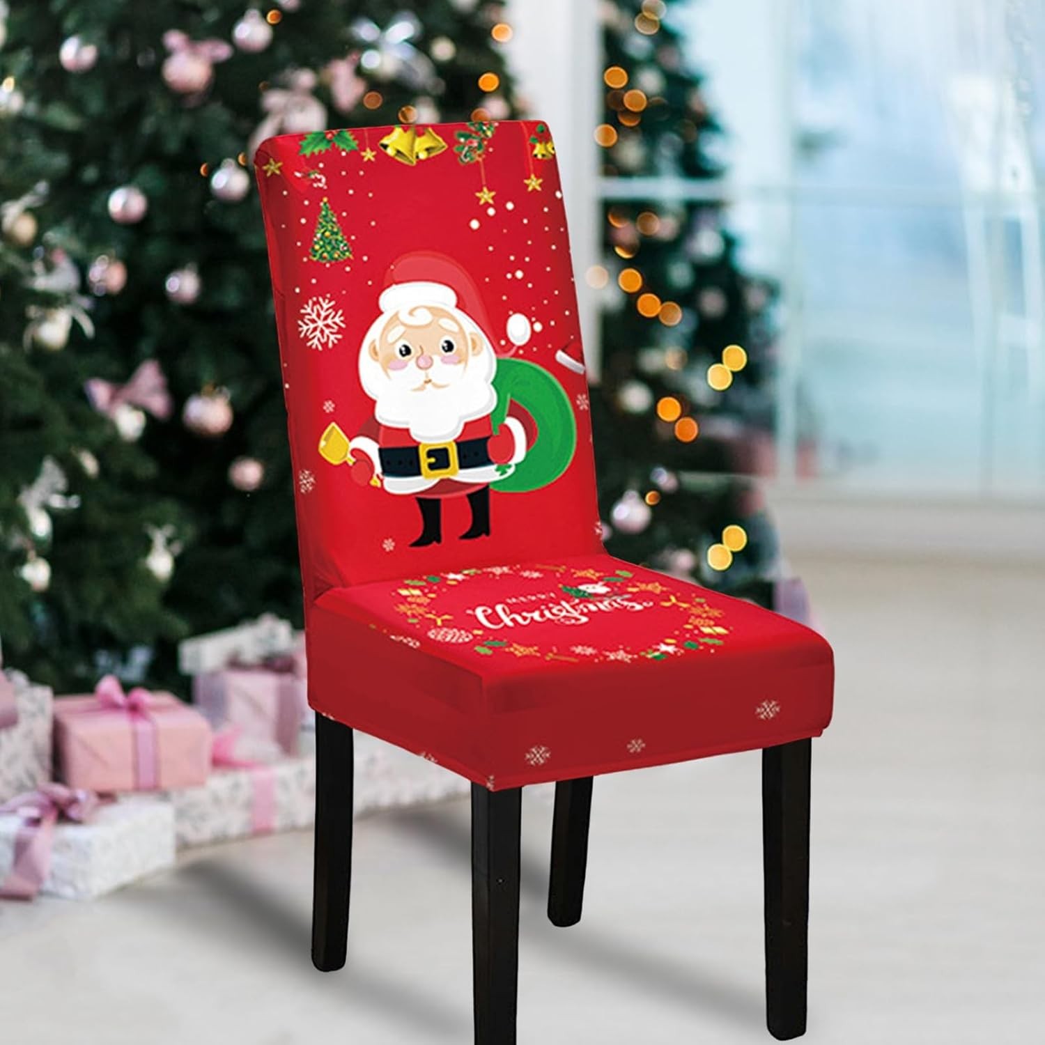 Husa pentru scaun, , Tematica Craciun, Model 4 Mos Craciun cu Sacul, Rosu - imagine 4