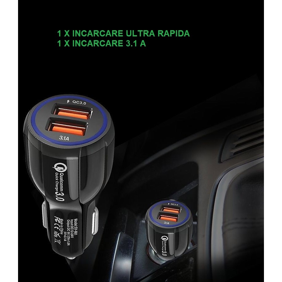 Incarcator Auto, , Pentru Bricheta, Incarcare Rapida, Interfata USB, 12V-24V, Negru - imagine 4