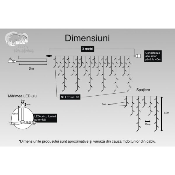 Instalatie Craciun, 3 m, 96 Led-uri ,Franjuri, Alb rece, Flash, Transformator, Interconectabila, Prelungitor 3 m inclus, Fir Transparent, - imagine 3