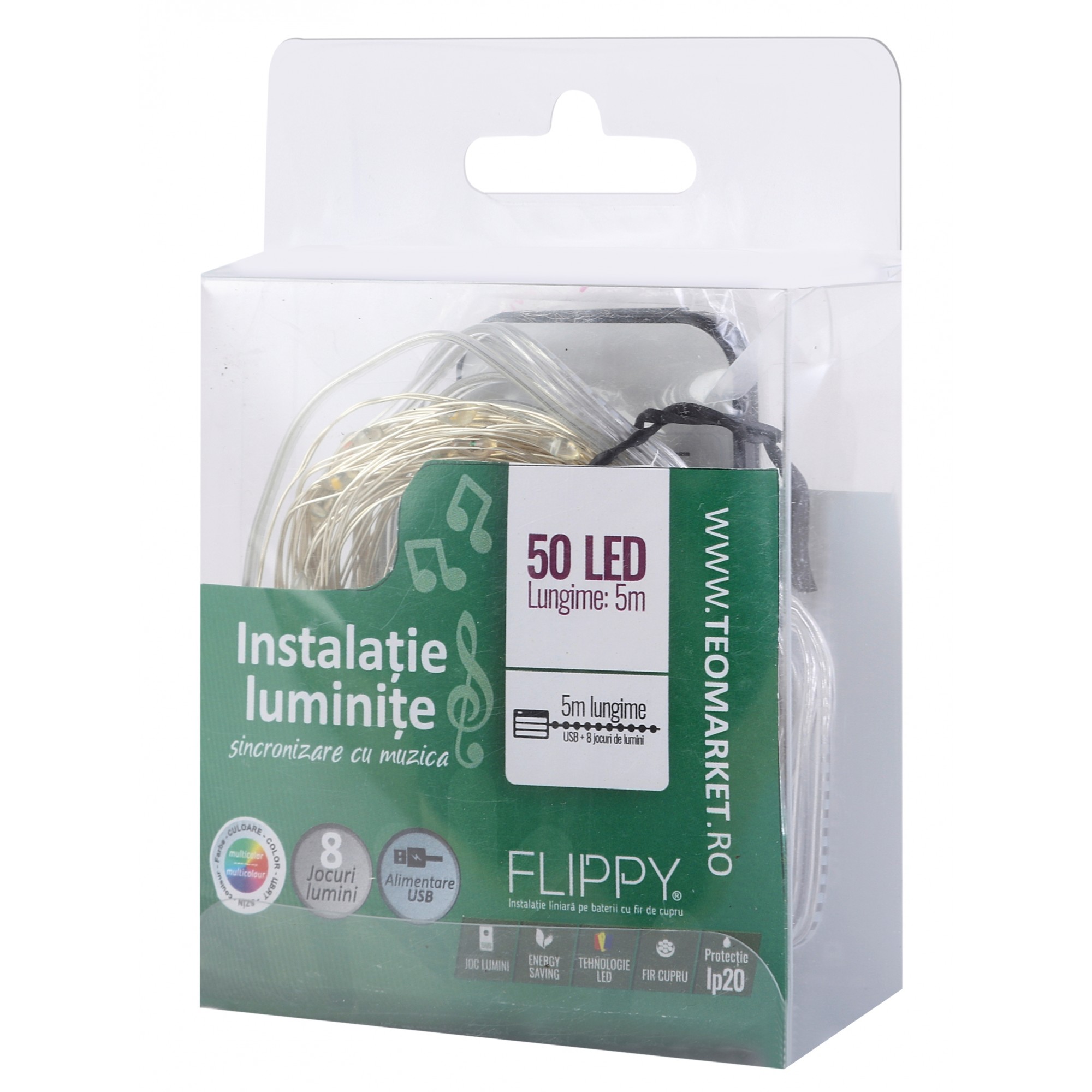Instalatie Craciun, 5 metri, 50 LED-uri, multicolor RGB, sincronizare muzica, telecomanda 12 de functii, USB, fir cupru, liniar, interior/exterior, - imagine 3