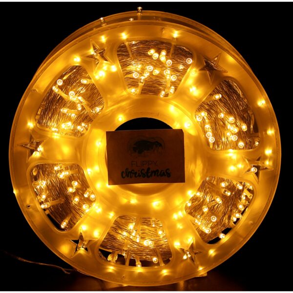 Instalatie Craciun liniara cu transformator, 100m, alb cald, 1000 LED-uri, fir transparent, 8 jocuri de lumini,