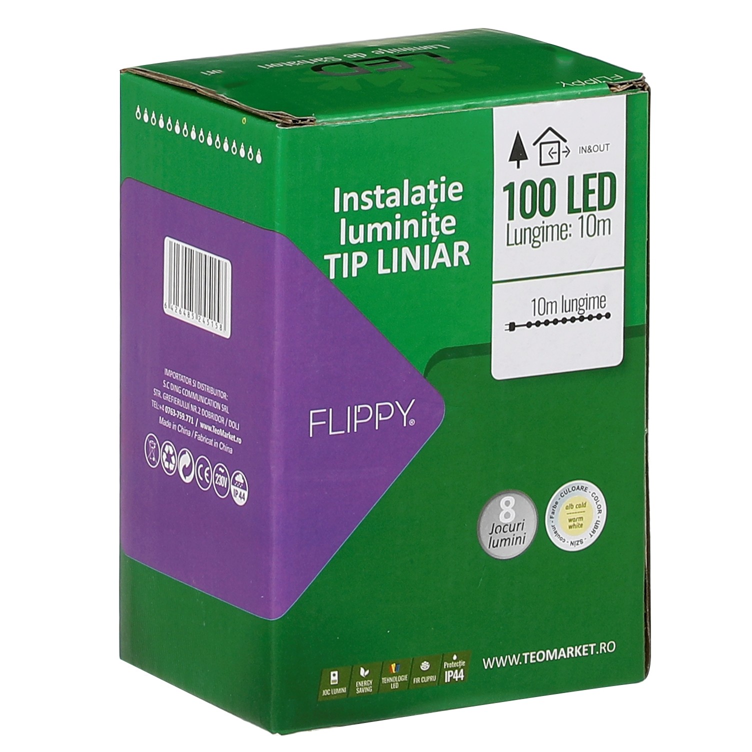 Instalatie Craciun liniara, cu transformator 31V, 10m, alb cald, 100 LED-uri V5, 8 jocuri de lumini, Fir verde, - imagine 2