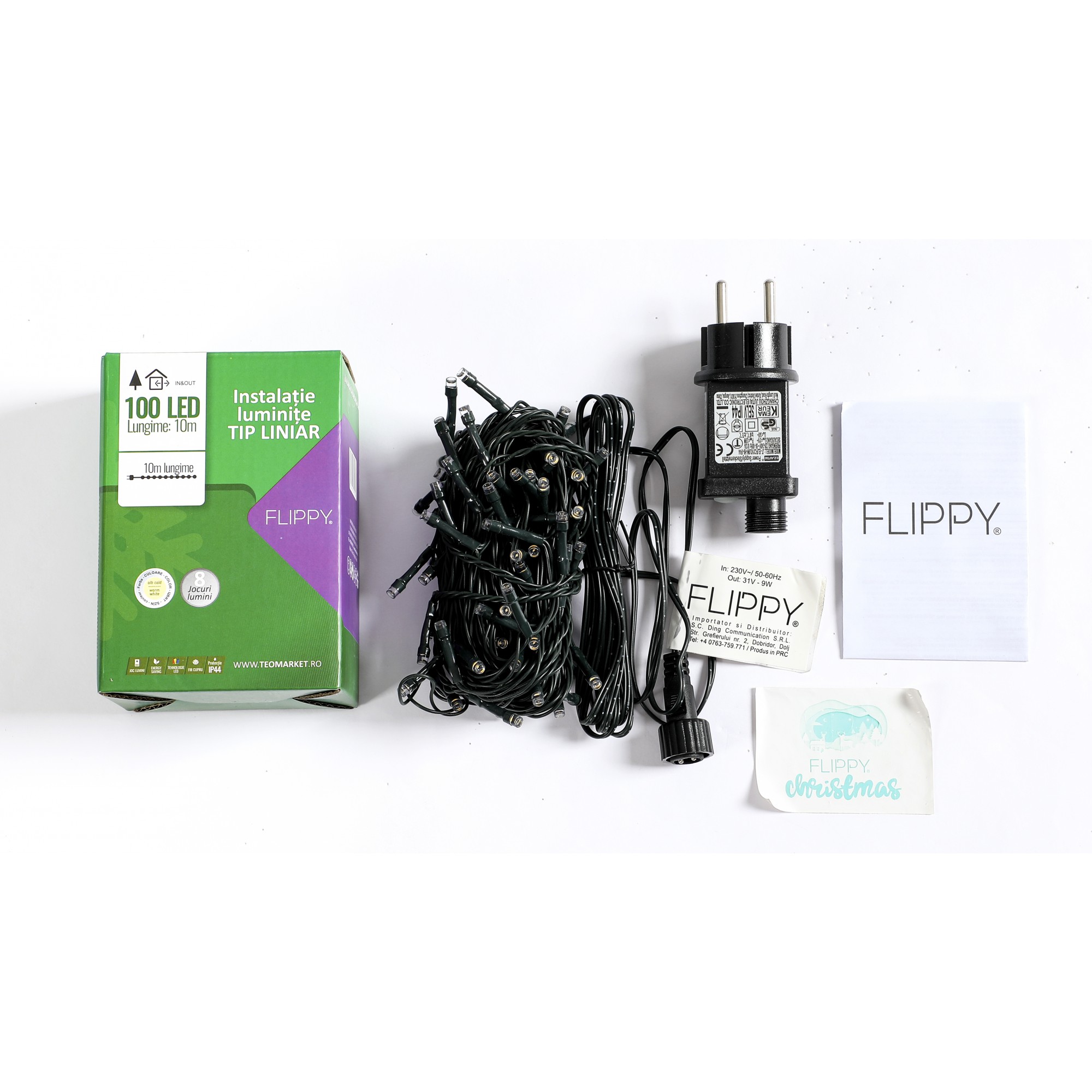 Instalatie Craciun liniara, cu transformator 31V, 10m, alb cald, 100 LED-uri V5, 8 jocuri de lumini, Fir verde, - imagine 3
