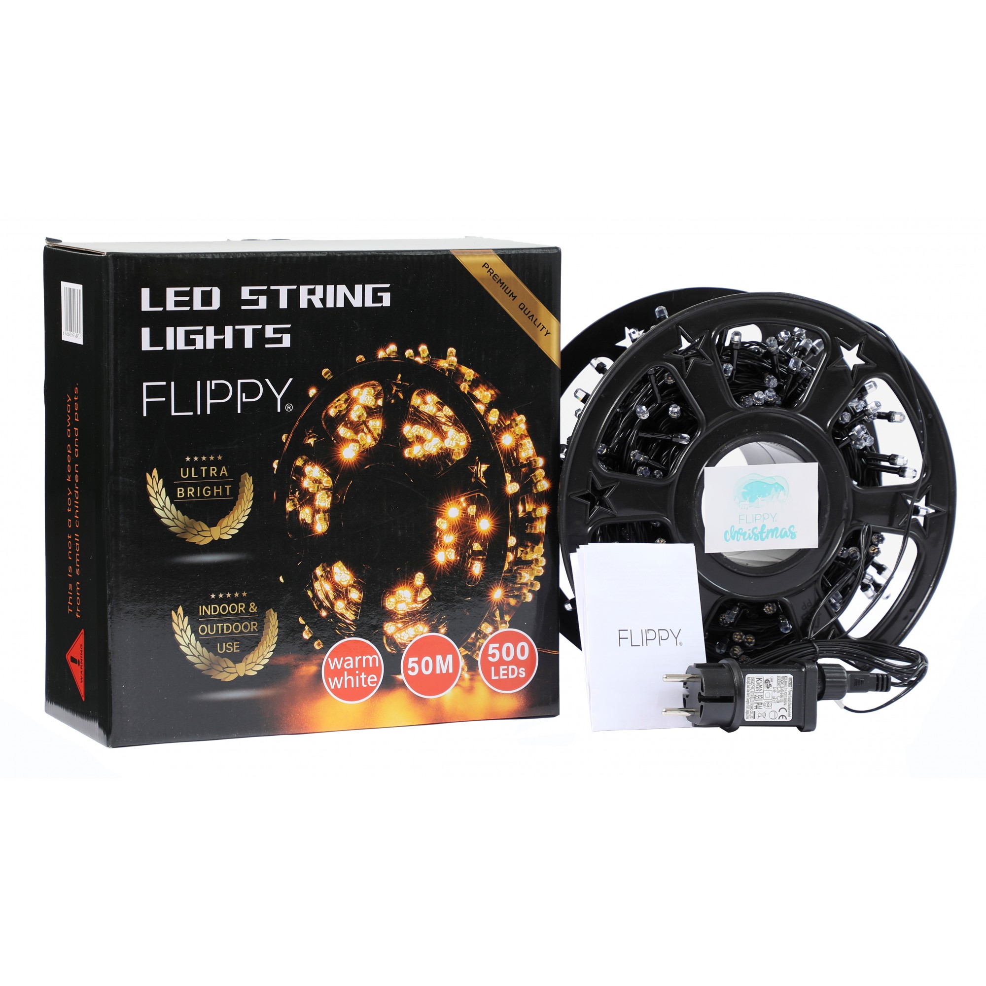 Instalatie Craciun liniara cu transformator, 50m, alb cald, 500 LED-uri, fir negru, 8 jocuri de lumini, - imagine 4