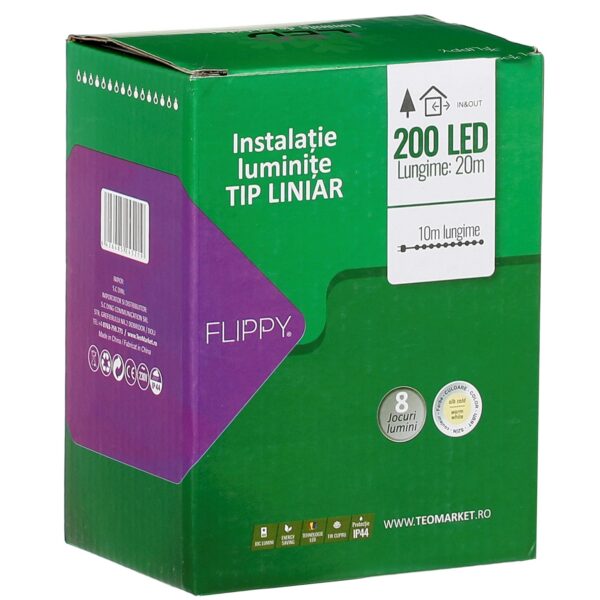 Instalatie Craciun liniara, cu transformator, 20 m, Alb Cald, 200 LED-uri V5, 8 jocuri de lumini, fir verde, - imagine 2