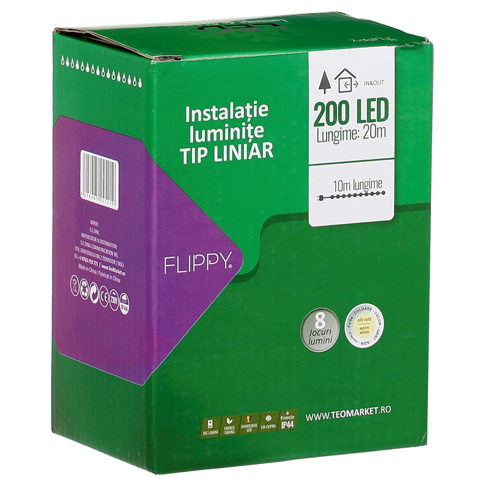 Instalatie Craciun liniara, cu transformator, 20 m, Alb Cald, 200 LED-uri V5, 8 jocuri de lumini, fir verde, - imagine 2