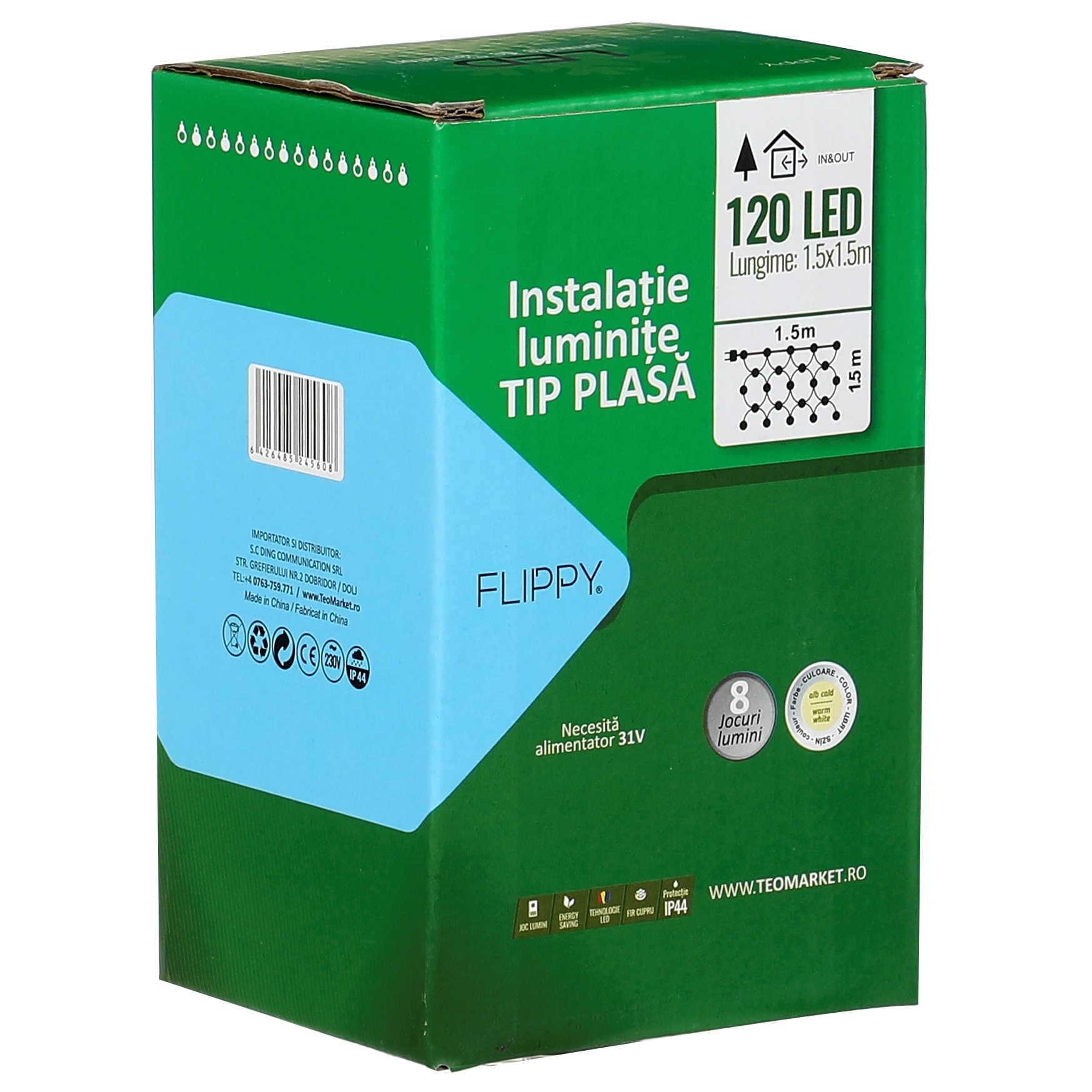Instalatie Craciun tip plasa, cu transformator 31V, 1.5 m x 1.5 m, Alb Cald, 120 LED-uri V5, 8 jocuri de lumini, fir verde, - imagine 2