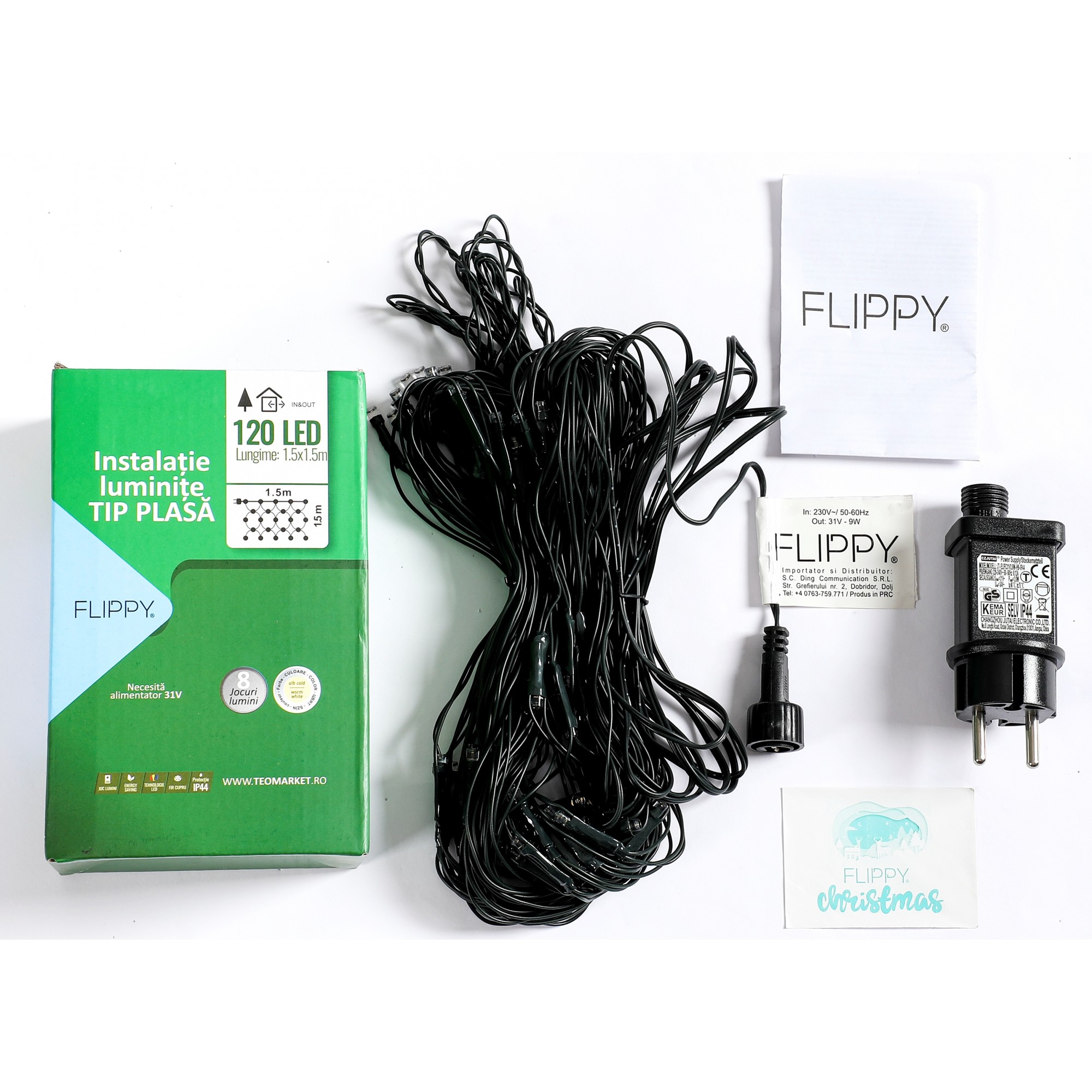 Instalatie Craciun tip plasa, cu transformator 31V, 1.5 m x 1.5 m, Alb Cald, 120 LED-uri V5, 8 jocuri de lumini, fir verde, - imagine 4