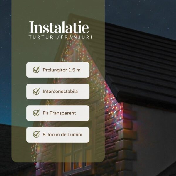 Instalatie Craciun Yoto, Tip Franjuri/Turturi, 12 m, 300 LED-uri, Prelungitor 1.5 m, 8 Jocuri de Lumini, Interconectabila, Conectare la Retea, Fir transparent, Interior/Exterior, Multicolor - imagine 2