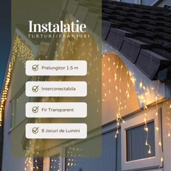 Instalatie Craciun Yoto, Tip Franjuri/Turturi, 4 m, 120 LED-uri, Prelungitor 1.5 m, 8 Jocuri de Lumini, Interconectabila, Conectare la Retea, Fir transparent, Interior/Exterior, Alb Cald - imagine 2