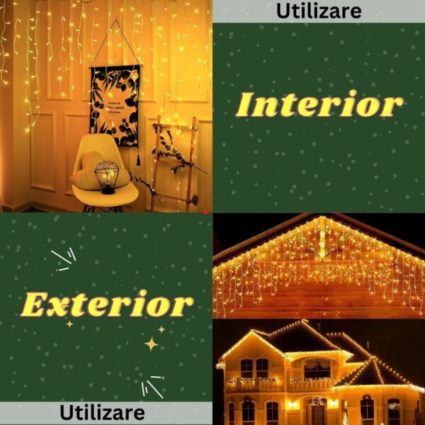 Instalatie Craciun Yoto, Tip Franjuri/Turturi, 4 m, 120 LED-uri, Prelungitor 1.5 m, 8 Jocuri de Lumini, Interconectabila, Conectare la Retea, Fir transparent, Interior/Exterior, Alb Cald - imagine 3