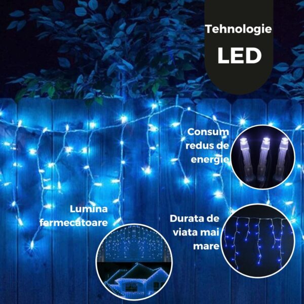 Instalatie Craciun Yoto, Tip Franjuri/Turturi, 4 m, 120 LED-uri, Prelungitor 1.5 m, 8 Jocuri de Lumini, Interconectabila, Conectare la Retea, Fir transparent, Interior/Exterior, Albastru - imagine 4