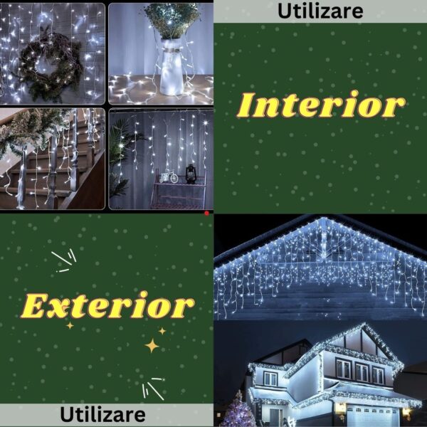 Instalatie Craciun Yoto, Tip Franjuri/Turturi, 7 m, 200 LED-uri, Prelungitor 1.5 m, 8 Jocuri de Lumini, Interconectabila, Conectare la Retea, Fir transparent, Interior/Exterior, Alb Rece - imagine 3