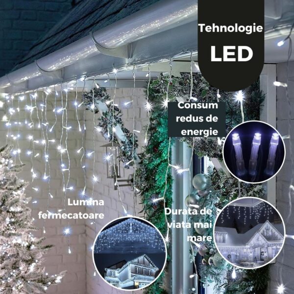 Instalatie Craciun Yoto, Tip Franjuri/Turturi, 7 m, 200 LED-uri, Prelungitor 1.5 m, 8 Jocuri de Lumini, Interconectabila, Conectare la Retea, Fir transparent, Interior/Exterior, Alb Rece - imagine 4