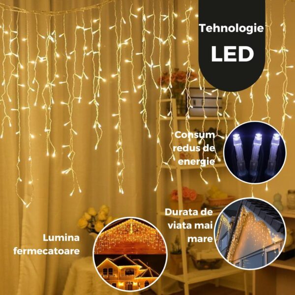 Instalatie Craciun Yoto, Tip Franjuri/Turturi, 7 m, 200 LED-uri, Prelungitor 1.5 m, 8 Jocuri de Lumini, Interconectabila, Conectare la Retea, Fir transparent, Interior/Exterior, Alb Cald - imagine 4