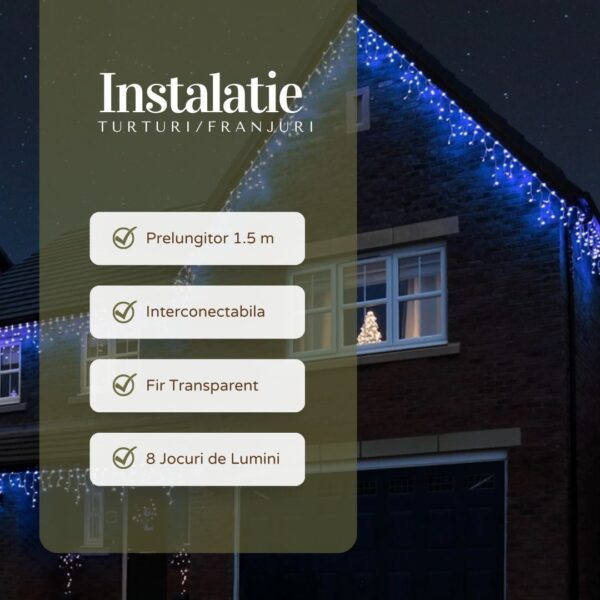 Instalatie Craciun Yoto, Tip Franjuri/Turturi, 7 m, 200 LED-uri, Prelungitor 1.5 m, 8 Jocuri de Lumini, Interconectabila, Conectare la Retea, Fir transparent, Interior/Exterior, Albastru - imagine 4