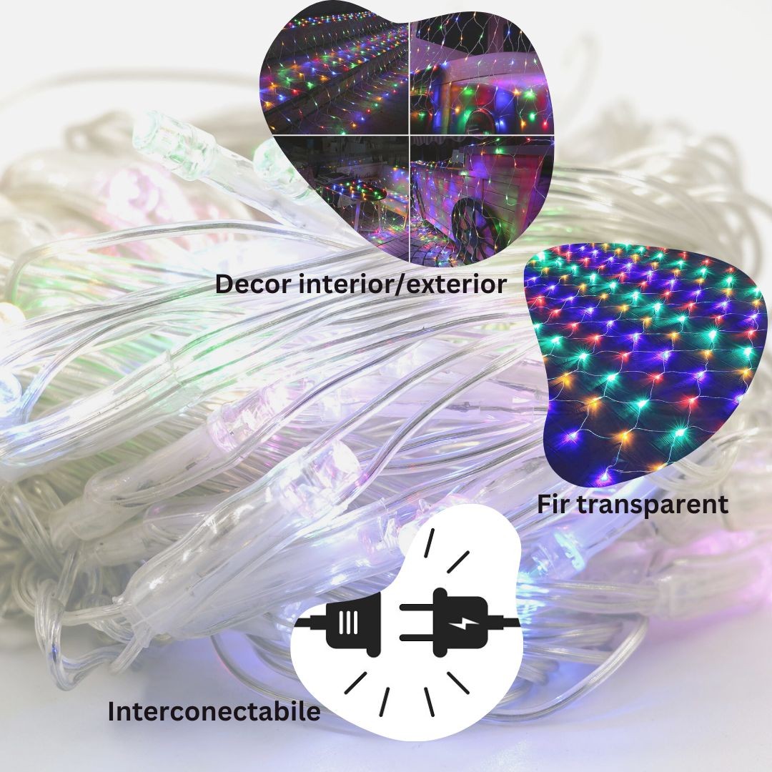 Instalatie Craciun Yoto, Tip Plasa, 1.2 m x 1.2 m, 80 LED-uri, Prelungitor 1.5 m, 8 Jocuri de Lumini, Interconectabila, Fir transparent, Interior/Exterior, Multicolor - imagine 3