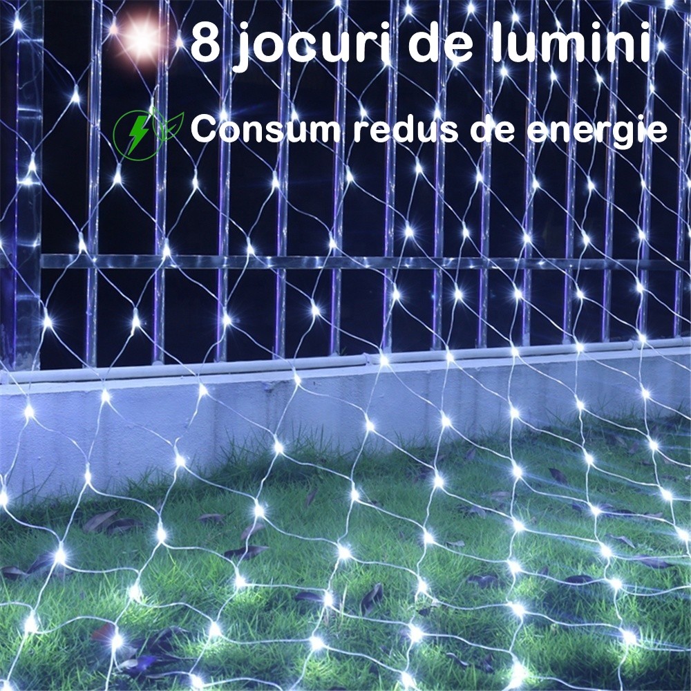 Instalatie Craciun Yoto, Tip Plasa, 1.5 m x 1.5 m, 120 LED-uri, Prelungitor 1.5 m, 8 Jocuri de Lumini, Interconectabila, Fir transparent, Interior/Exterior, Alb Rece - imagine 2