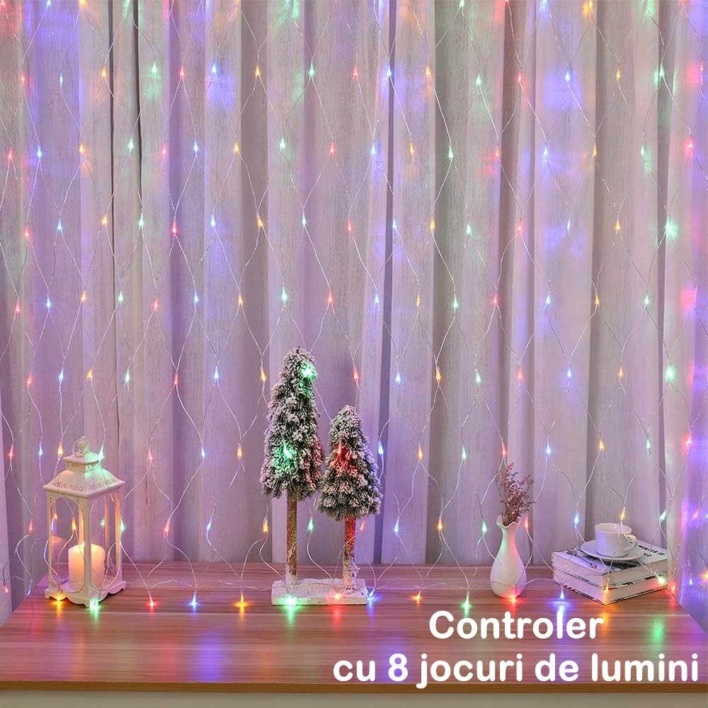 Instalatie Craciun Yoto, Tip Plasa, 2 m x 2 m, 160 LED-uri, Prelungitor 1.5 m, 8 Jocuri de Lumini, Interconectabila, Fir transparent, Interior/Exterior, Multicolor - imagine 2