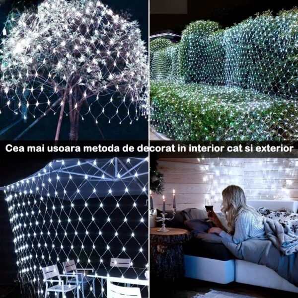 Instalatie Craciun Yoto, Tip Plasa, 2 m x 2 m, 160 LED-uri, Prelungitor 1.5 m, 8 Jocuri de Lumini, Interconectabila, Fir transparent, Interior/Exterior, Alb Rece - imagine 3