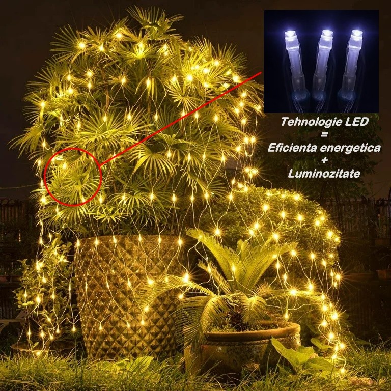 Instalatie Craciun Yoto, Tip Plasa, 2 m x 2 m, 160 LED-uri, Prelungitor 1.5 m, 8 Jocuri de Lumini, Interconectabila, Fir transparent, Interior/Exterior, Alb Cald - imagine 2