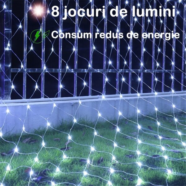 Instalatie Craciun Yoto, Tip Plasa, 3 m x 1 m, 160 LED-uri, Prelungitor 1.5 m, 8 Jocuri de Lumini, Interconectabila, Fir transparent, Interior/Exterior, Alb Rece - imagine 2