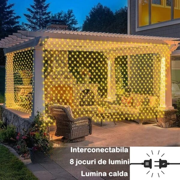 Instalatie Craciun Yoto, Tip Plasa, 3 m x 1 m, 160 LED-uri, Prelungitor 1.5 m, 8 Jocuri de Lumini, Interconectabila, Fir transparent, Interior/Exterior, Alb Cald - imagine 3