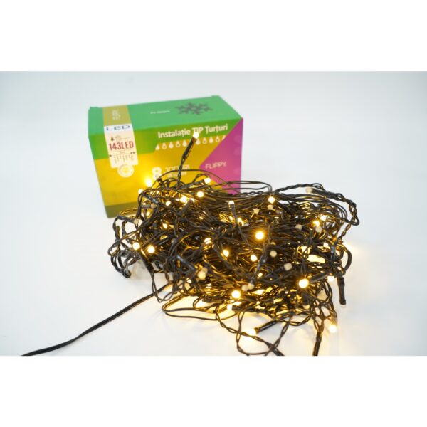 Sectiune Instalatie de Craciun, Â®, Tip Turturi, Fara Alimentator, 5m, 143 LED-uri, 8 Jocuri de Lumini, Fir Negru, Lumina Alb Cald, IP44, Interconectabila - imagine 2